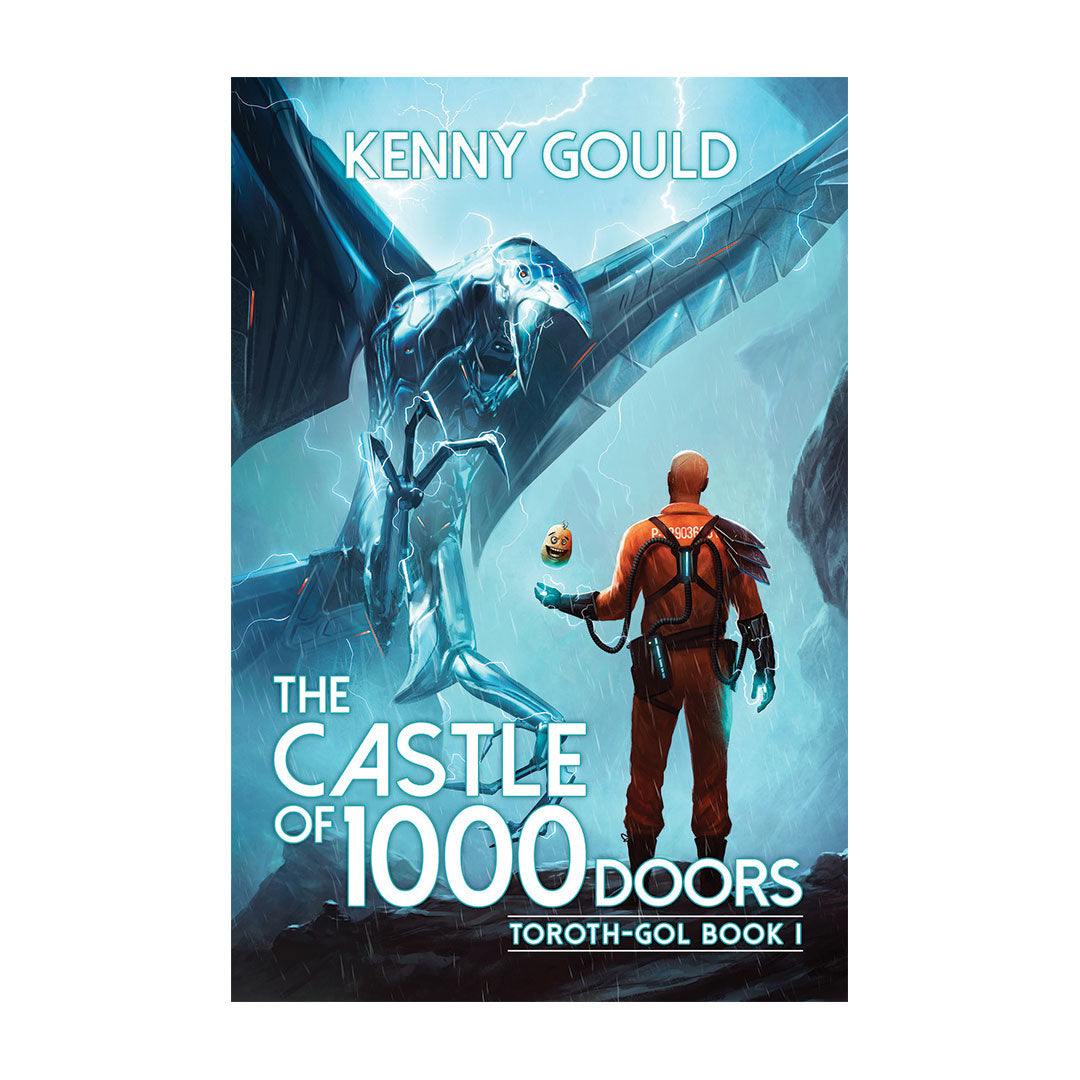 Book cover of 'The Castle of 1000 Doors' by Kenny Gould featuring a large metal bird and the protagonist.